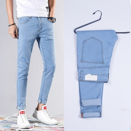 Sixsr New Men Stretch Skinny Jeans Fashion Casual Slim Fit Denim Trousers Blue Black White Sky blue Pants Male Brand Clothes
