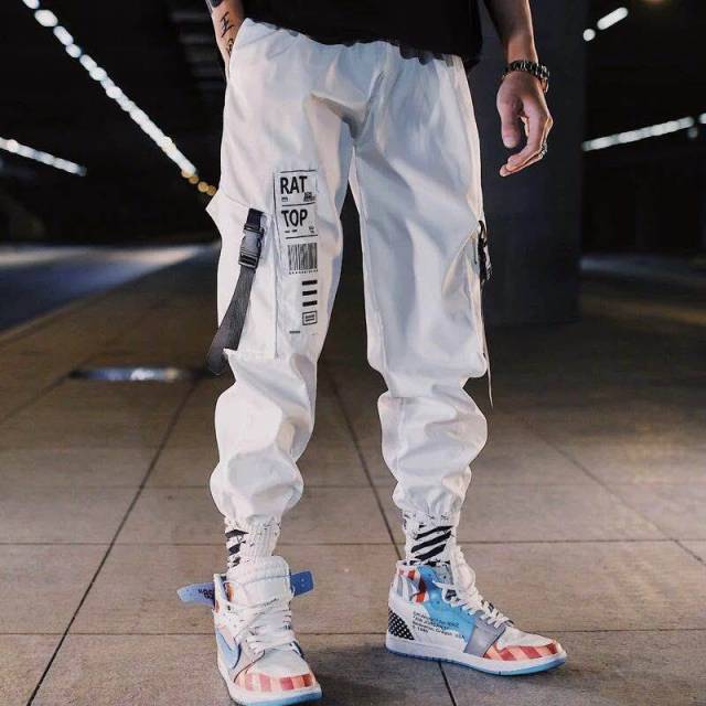 Hip hop Streetwear Men Harem Cargo Pants Korean Jogger Sweatpants Solid color Black White Ankle Length Trousers White Techwear
