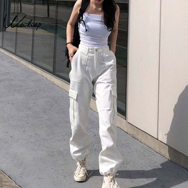 Sixsr Button Pockets Patchwork Cargo Pants Women Streetwear High Waist Trousers Women Fashion Pencil Pants Joggers Women