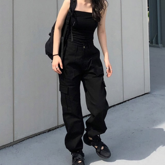 Sixsr Button Pockets Patchwork Cargo Pants Women Streetwear High Waist Trousers Women Fashion Pencil Pants Joggers Women