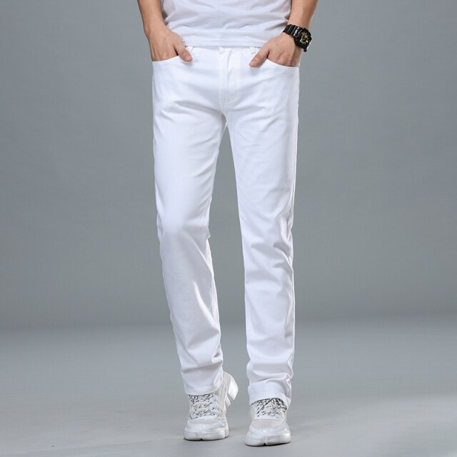 Fashion Streetwear Soft White Denim Trousers Men Baggy Jeans Slim Fit Pants Classic Business work Casual and simple Jeans Homme