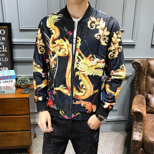 Plus size M-5XL Vintage Jacket Men Floral Bomber Jacket Men Patchwork Lattice Long Sleeve Zipper Jackets Coat Men's Pilot Jacket