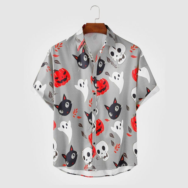 Men Vintage Shirt Summer New Hawaiian Short Sleeve Shirt Mens Halloween Pumpkin Printed Beach Casual Shirts Man Oversized Hemd