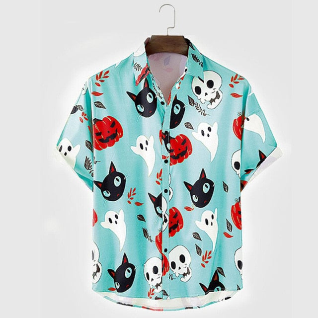 Men Vintage Shirt Summer New Hawaiian Short Sleeve Shirt Mens Halloween Pumpkin Printed Beach Casual Shirts Man Oversized Hemd