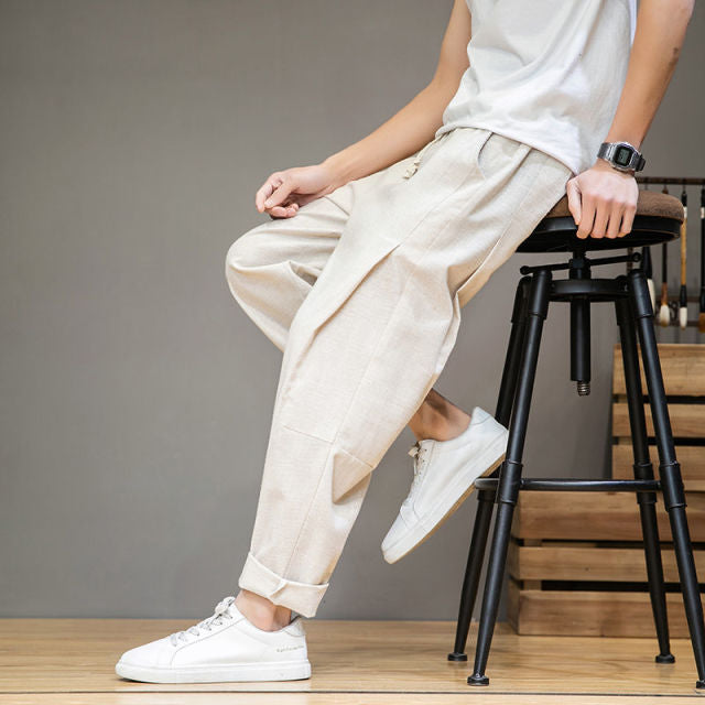 MrGoldenBowl Men's Solid Color Harem Pants 2024 Harajuku Man Cotton Linen Casual Trousers Plus Size Men Loose Pants 5XL
