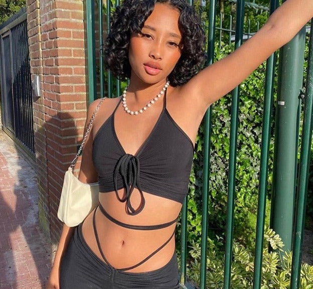 Sixsr Halter Criss-Cross Crop Top And Women's Drawstring Pants Matching Sets Skinny Hollow Out Sexy Two Piece Set For Women