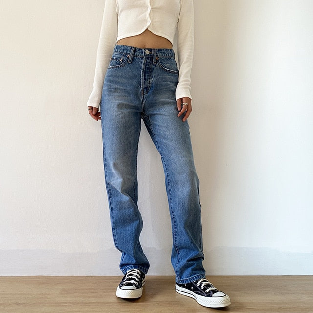 Sixsr Jsvery Women's Jeans Baggy Jeans For Women Mom Jeans High Waist Blue Loose Washed Fashion Straight Denim Pants Vintage Streetwear