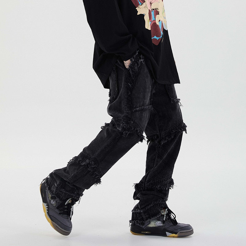 Harajuku High Street Retro Washed Raw Edge Jeans Men and Women Straight Baggy Denim Trousers Hip Hop Casual Trousers