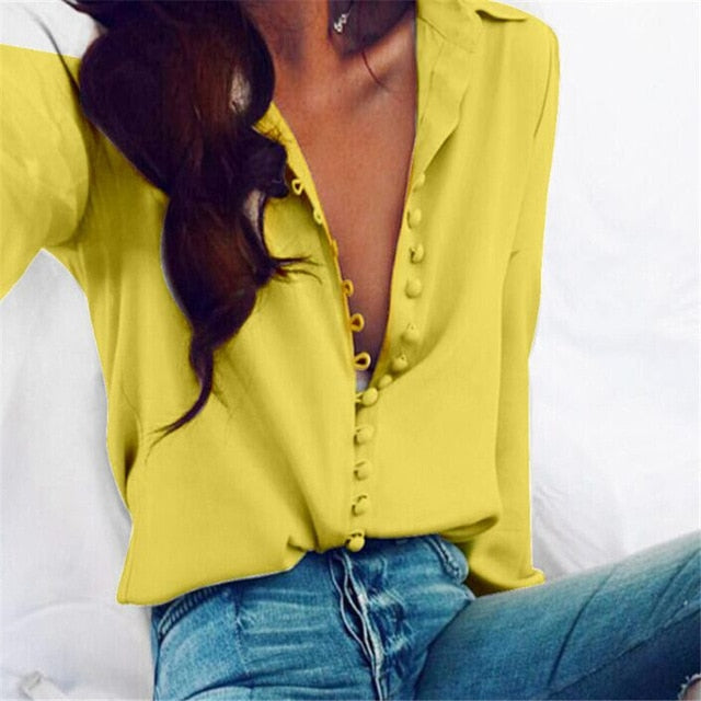 Sixsr Fashion Women Blouse Shirt Spring Women Clothing Solid Buttons Long Sleeve Shirts Tops Ladies OL Shirt White Office Shirt