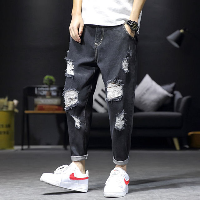 Men's Hole Jeans Spring and Autumn 2024 New Loose Large Size Ankle-Length Pants All-match Casual Pants Hip Hop Jeans