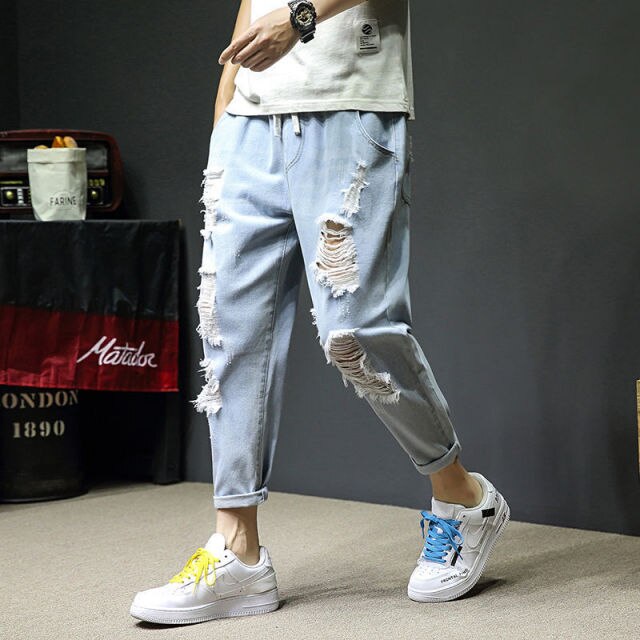 Men's Hole Jeans Spring and Autumn 2024 New Loose Large Size Ankle-Length Pants All-match Casual Pants Hip Hop Jeans
