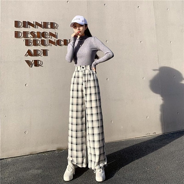 Sixsr Simple Vintage Plaid Causal Long Women Pants Street Fashion Straight Wide Leg Pant