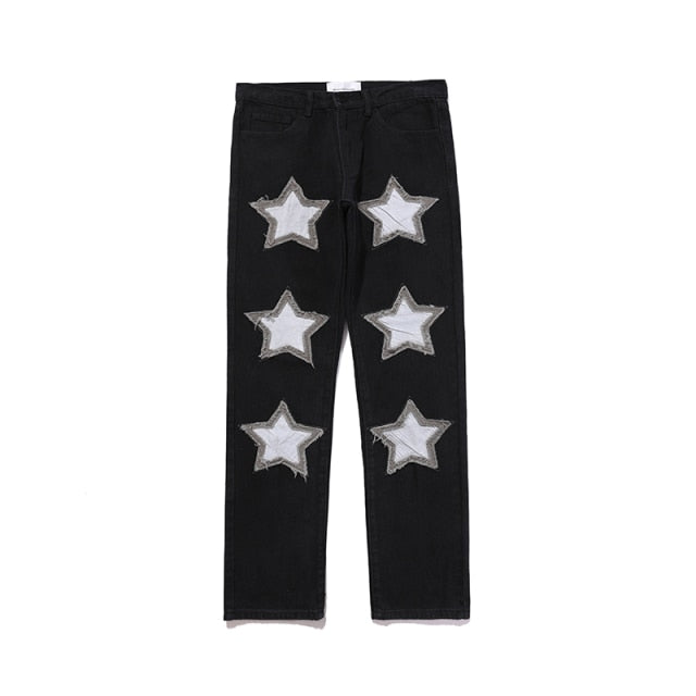 Embroidery Stars Frayed Jeans Pants Men and Women Streetwear Washed Retro Casual Denim Trousers Hip Hop Casual Baggy Pants