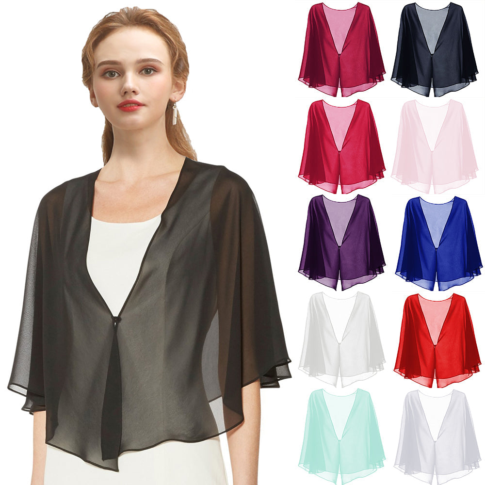 sixsr Womens Fashion Women Black Chiffon Bolero Prom Party V-neck with Button Shrug Elegant Simple Soft Casual Cape for Lady Evening Dress Red White