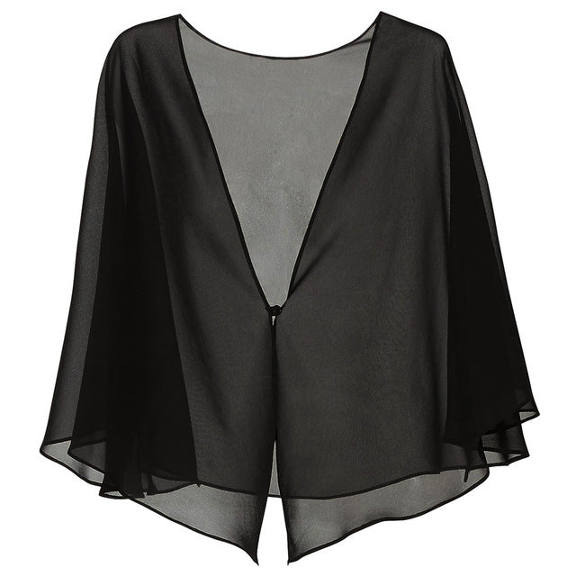sixsr Womens Fashion Women Black Chiffon Bolero Prom Party V-neck with Button Shrug Elegant Simple Soft Casual Cape for Lady Evening Dress Red White