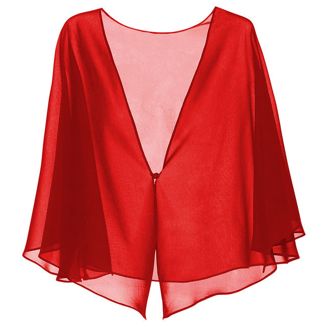 sixsr Womens Fashion Women Black Chiffon Bolero Prom Party V-neck with Button Shrug Elegant Simple Soft Casual Cape for Lady Evening Dress Red White