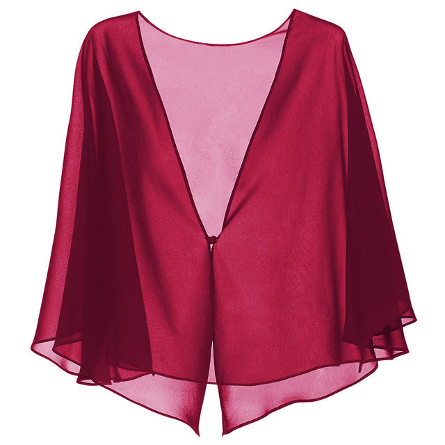 sixsr Womens Fashion Women Black Chiffon Bolero Prom Party V-neck with Button Shrug Elegant Simple Soft Casual Cape for Lady Evening Dress Red White