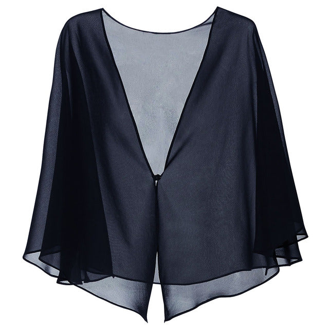 sixsr Womens Fashion Women Black Chiffon Bolero Prom Party V-neck with Button Shrug Elegant Simple Soft Casual Cape for Lady Evening Dress Red White