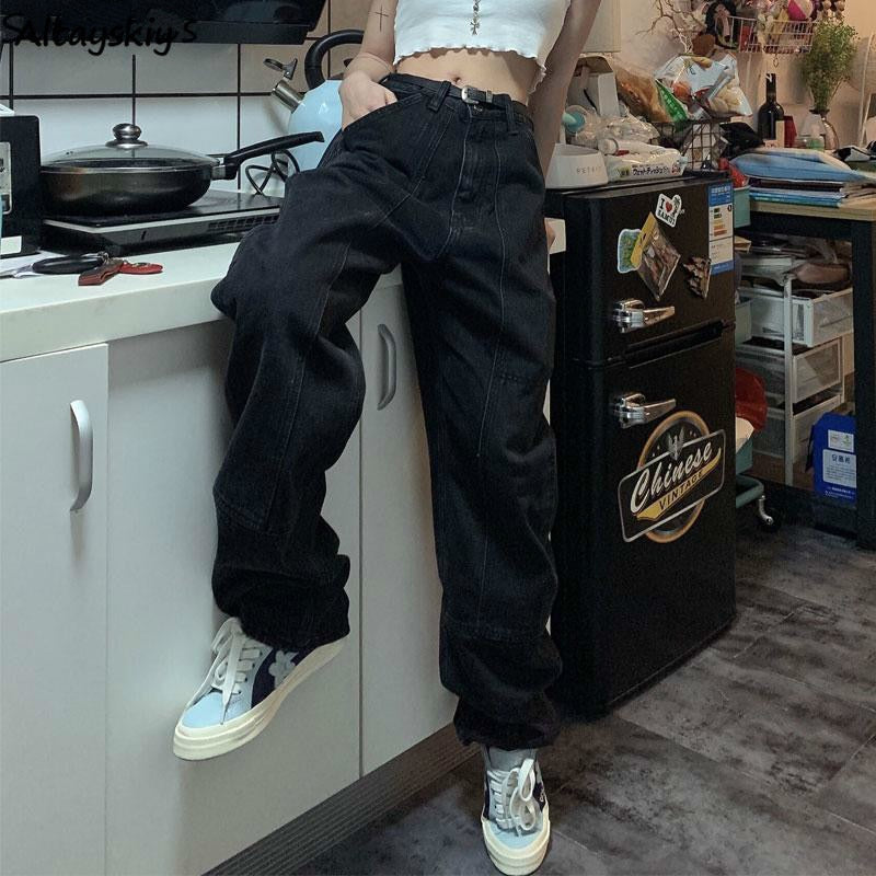 Sixsr Retro Jeans Women Harajuku Vintage Black Street BF Style Chic College Teens Streetwear All-match Loose Fashion Femme Trousers