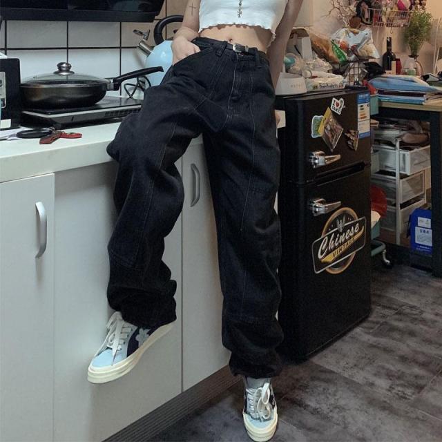 Sixsr Retro Jeans Women Harajuku Vintage Black Street BF Style Chic College Teens Streetwear All-match Loose Fashion Femme Trousers