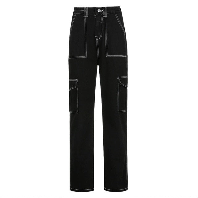 Sixsr Weekeep Pockets Patchwork Baggy Jeans Fashion Streetwear 100% Cotton Women Denim Trouser Loose Cargo Pants Korean Jeans Harajuku