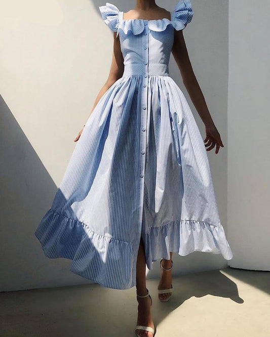 Sixsr Striped Square Neck Flutter Sleeve Sweet Dress Women Ruffles Maxi Dress