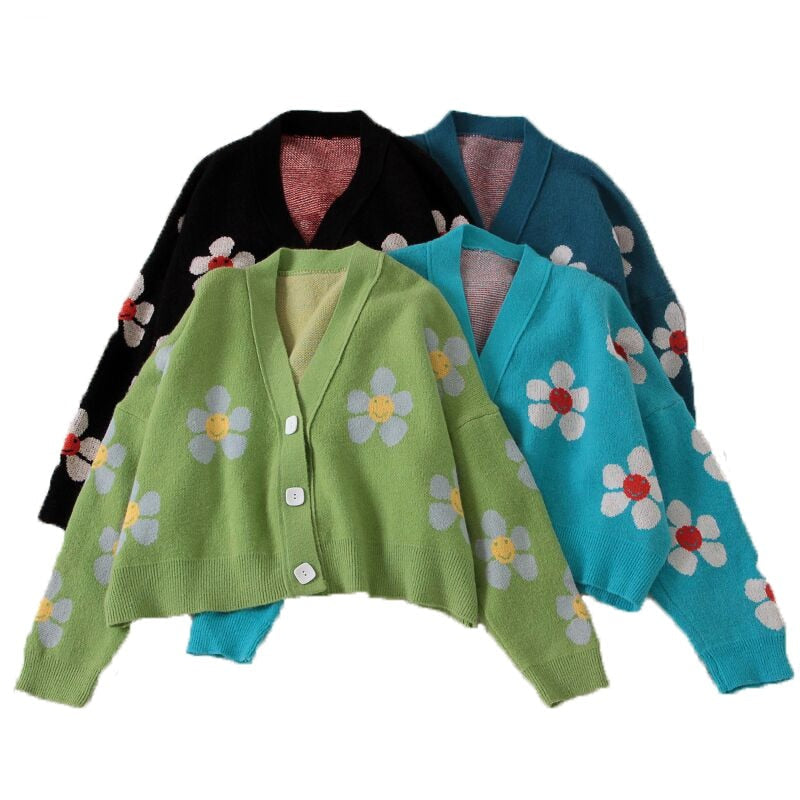 Sixsr Spring College Style Flower Print Knitted Doat Loose Retro V-neck Cute Light Green Sweater Cardigan Blouse Short Section