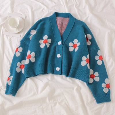 Sixsr Spring College Style Flower Print Knitted Doat Loose Retro V-neck Cute Light Green Sweater Cardigan Blouse Short Section