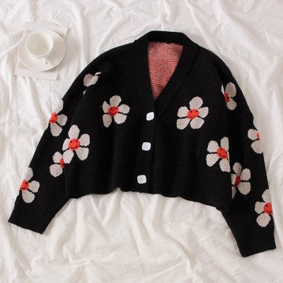 Sixsr Spring College Style Flower Print Knitted Doat Loose Retro V-neck Cute Light Green Sweater Cardigan Blouse Short Section