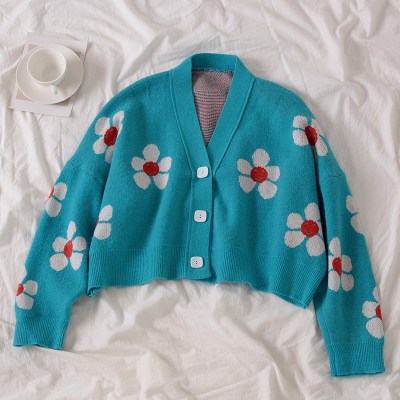 Sixsr Spring College Style Flower Print Knitted Doat Loose Retro V-neck Cute Light Green Sweater Cardigan Blouse Short Section
