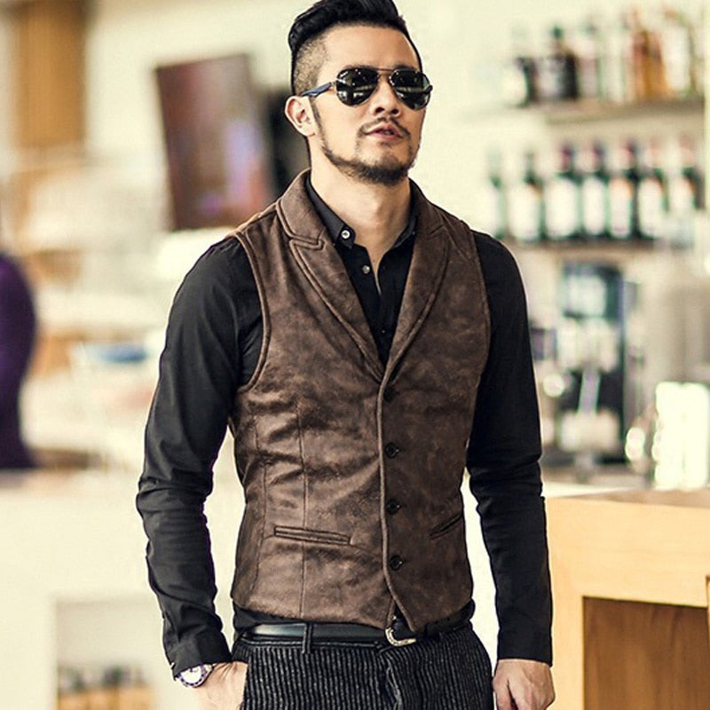 Suede Slim Fit Single Breasted Vest Mens 2024 Brand New Fashion Gothic Steampunk Victorian Style Waistcoat Men Casual Vest
