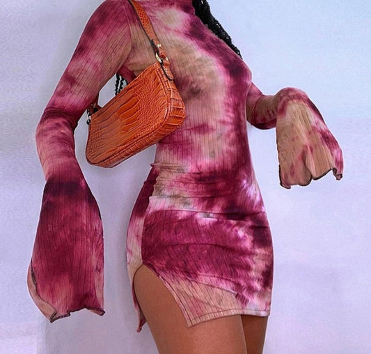 Sixsr Tie Dye Mock Neck Bodycon Dresses For Women Side Split Ribbed Long Sleeve Clubwear Midnight Outfit Party Mini Dress Hot