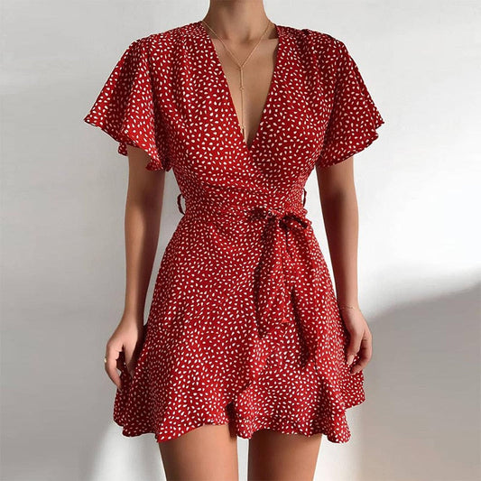 Sixsr Summer Women Dress Butterfly Sleeve Polka Dot Floral Print V Neck High Waist Sashes Dress Vintage Female Mini Red Vestidos