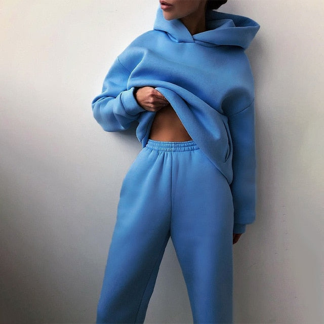 Sixsr Women Elegant Solid Sets For Women Warm Hoodie Sweatshirts And Long Pant Fashion Two Piece Sets Ladies Lace Up Sweatshirt Suits
