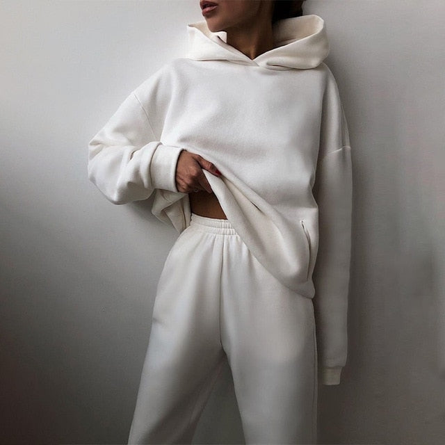 Sixsr Women Elegant Solid Sets For Women Warm Hoodie Sweatshirts And Long Pant Fashion Two Piece Sets Ladies Lace Up Sweatshirt Suits