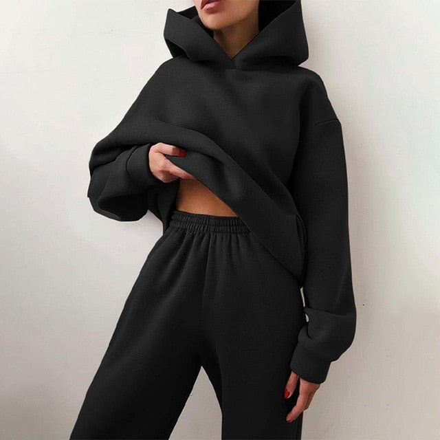 Sixsr Women Elegant Solid Sets For Women Warm Hoodie Sweatshirts And Long Pant Fashion Two Piece Sets Ladies Lace Up Sweatshirt Suits