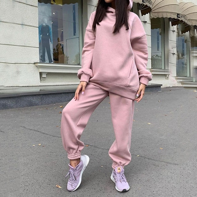Sixsr Women Elegant Solid Sets For Women Warm Hoodie Sweatshirts And Long Pant Fashion Two Piece Sets Ladies Lace Up Sweatshirt Suits