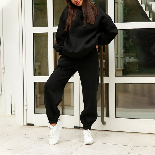 Sixsr Women Elegant Solid Sets For Women Warm Hoodie Sweatshirts And Long Pant Fashion Two Piece Sets Ladies Lace Up Sweatshirt Suits