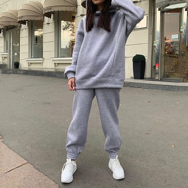 Sixsr Women Elegant Solid Sets For Women Warm Hoodie Sweatshirts And Long Pant Fashion Two Piece Sets Ladies Lace Up Sweatshirt Suits