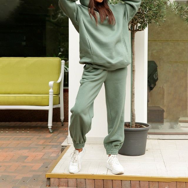 Sixsr Women Elegant Solid Sets For Women Warm Hoodie Sweatshirts And Long Pant Fashion Two Piece Sets Ladies Lace Up Sweatshirt Suits