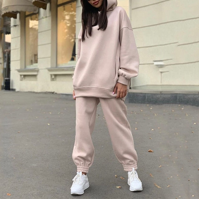 Sixsr Women Elegant Solid Sets For Women Warm Hoodie Sweatshirts And Long Pant Fashion Two Piece Sets Ladies Lace Up Sweatshirt Suits
