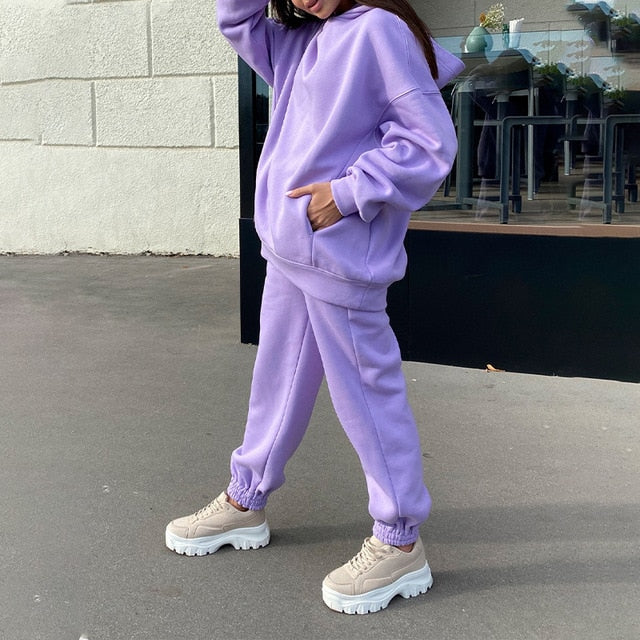 Sixsr Women Elegant Solid Sets For Women Warm Hoodie Sweatshirts And Long Pant Fashion Two Piece Sets Ladies Lace Up Sweatshirt Suits