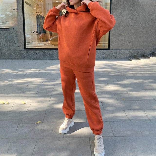 Sixsr Women Elegant Solid Sets For Women Warm Hoodie Sweatshirts And Long Pant Fashion Two Piece Sets Ladies Lace Up Sweatshirt Suits