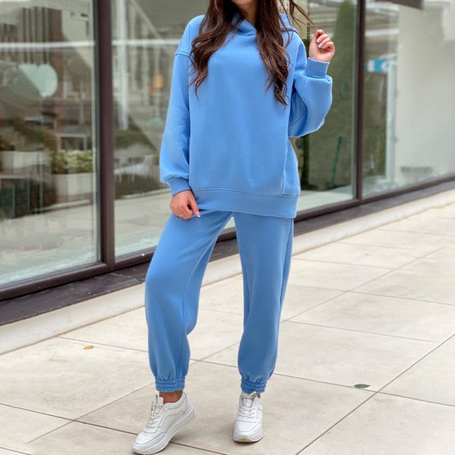 Sixsr Women Elegant Solid Sets For Women Warm Hoodie Sweatshirts And Long Pant Fashion Two Piece Sets Ladies Lace Up Sweatshirt Suits