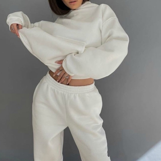 Sixsr Women Elegant Solid Sets For Women Warm Hoodie Sweatshirts And Long Pant Fashion Two Piece Sets Ladies Lace Up Sweatshirt Suits