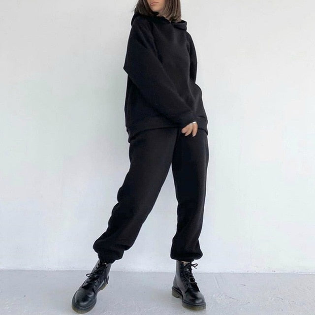 Sixsr Women Elegant Solid Sets For Women Warm Hoodie Sweatshirts And Long Pant Fashion Two Piece Sets Ladies Lace Up Sweatshirt Suits