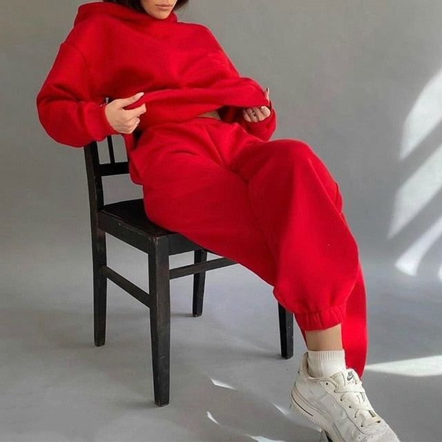 Sixsr Women Elegant Solid Sets For Women Warm Hoodie Sweatshirts And Long Pant Fashion Two Piece Sets Ladies Lace Up Sweatshirt Suits
