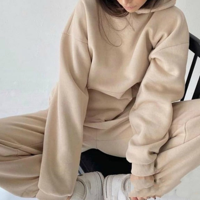 Sixsr Women Elegant Solid Sets For Women Warm Hoodie Sweatshirts And Long Pant Fashion Two Piece Sets Ladies Lace Up Sweatshirt Suits