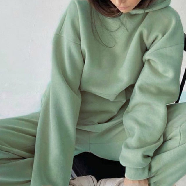 Sixsr Women Elegant Solid Sets For Women Warm Hoodie Sweatshirts And Long Pant Fashion Two Piece Sets Ladies Lace Up Sweatshirt Suits