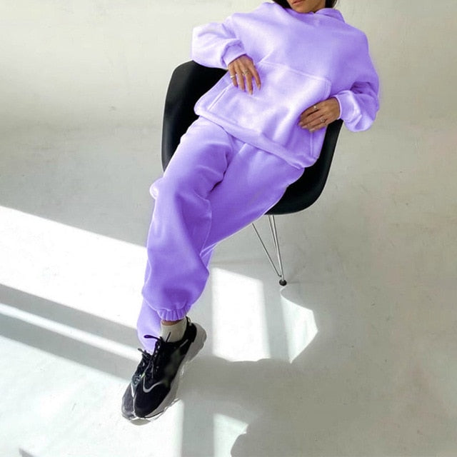 Sixsr Women Elegant Solid Sets For Women Warm Hoodie Sweatshirts And Long Pant Fashion Two Piece Sets Ladies Lace Up Sweatshirt Suits